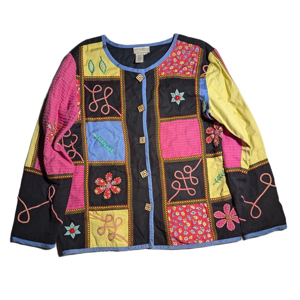 Vtg 1990s Coldwater Creek Black Pink Floral Patchwork Collarless Light Jacket M